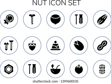nut icon set. 15 filled nut icons.  Collection Of - Coconut, Screw, Acorn, Hazelnut, Creme caramel, Pistachio, Seed, Peanut, Nut