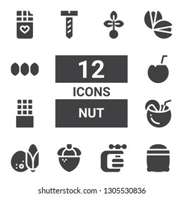 nut icon set. Collection of 12 filled nut icons included Seeds, Vise, Acorn, Coconut, Chocolate bar, Screw, Pistachio, Seed