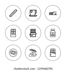 Nut icon set. collection of 9 outline nut icons with chocolate, nuts, peanut butter icons. editable icons.