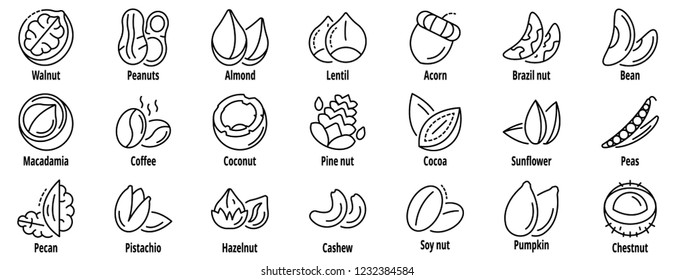 Nut icon set. Outline set of nut vector icons for web design isolated on white background