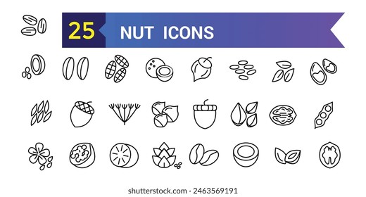 Nut icon set. Outline set of nut vector icons for ui design. Outline icon collection. Editable stroke.