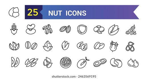 Nut icon set. Outline set of nut vector icons for ui design. Outline icon collection. Editable stroke.