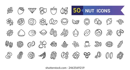 Mutter-Icon-Set. Umriss-Satz von Nuss-Vektor-Icons für UI-Design. Kollektion des Gliederungssymbols. Bearbeitbarer Strich.