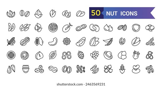 Nut icon set. Outline set of nut vector icons for ui design. Outline icon collection. Editable stroke.