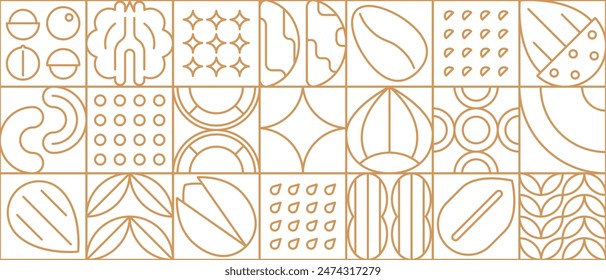 Patrón geométrico de línea moderna de nueces y legumbres. Diseño de fondo de forma mínima de cubierta o volante, azulejo de contorno geométrico patrón de Vector con línea delgada avellana, anacardo, pistacho, almendra y nuez, nogal