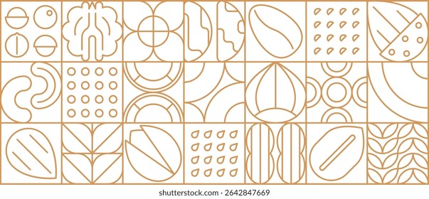 Padrão geométrico de linha moderno de nozes e leguminosas. Cobertura de projeto ou folheto de forma mínima, padrão de vetor contorno geométrico azulejos com linha fina avelã, caju, pistache, amêndoa e pecan, noz