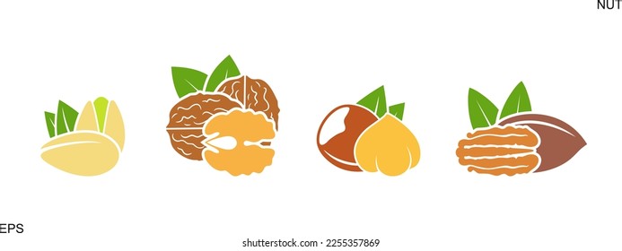 Nut-Logo. Einzige Mutter auf weißem Hintergrund. Set