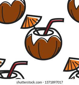 Nut milk straw and umbrella coconut cocktail seamless pattern vector summer brazilian resort travel to Brazil fresh drink or beverage endless texture beach refreshment palm fruit wallpaper print