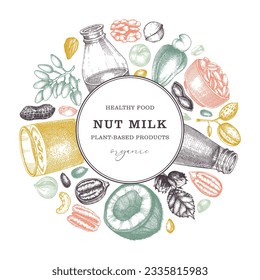 Nut milk, wreath design. Plant milk, healthy drink, vegetarian food background. Almond, pecan, pistachio, coconut, cashew. Nut sketches. Packaging for dairy products. Vector illustration in color