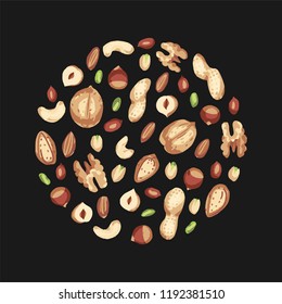 Nut mix in the form of a circle. pattern with nuts. walnut, hazelnuts, peanuts, cashews, almonds, pistachio, shell.