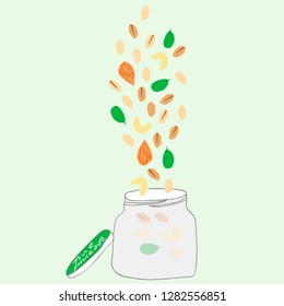 Nut muesli in a glass jar. Vector illustration EPS 10