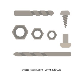 Nut, nail, self-tapping screw, drill set. Professional fasteners for repairs. Isolated vector illustration in clip art style.