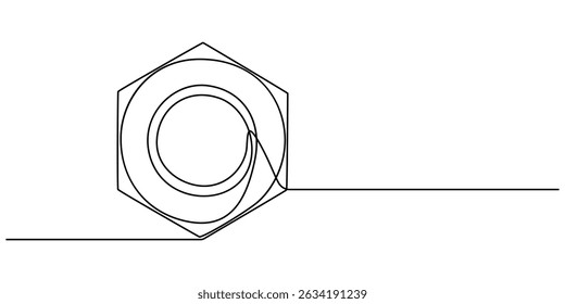 Vetor de desenho de uma linha Nut. Vetor de desenho de linha contínua de noz. um desenho de linha única. Contorno de fundo Nut vetor, parafuso, dowel mínimo, pino, pintle uma linha arte. parafuso noz conceito.