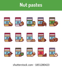 Nut pastes color line icons set. Isolated vector element.
