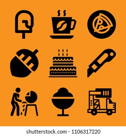 nut, pizza, service, cone, product and cutting icon vector set. Flat vector design with filled icons. Designed for web and software interfaces