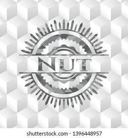 Nut realistic grey emblem with geometric cube white background