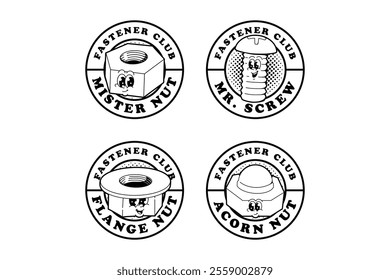 nut, screw, bolt, flange nut, acorn nut of fasteners outline cartoon illustration badge logo design set for garage, workshop, craftsman mascots and merchandise