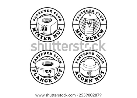 nut, screw, bolt, flange nut, acorn nut of fasteners outline cartoon illustration badge logo design set for garage, workshop, craftsman mascots and merchandise