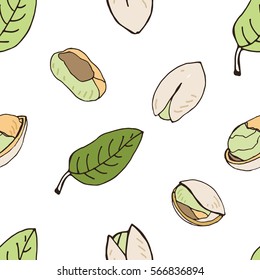 Nut seamless on white background. Hand drawn colorful pattern with pistachio.
