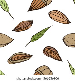 Nut seamless on white background. Hand drawn colorful pattern with almond.