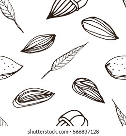 Nut Seamless On White Background. Hand Drawn Contour Pattern With Almond.