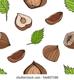 Nut seamless on white background. Hand drawn colorful pattern with hazelnut.