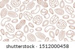 Nut seamless pattern with flat line icons. Vector background of dry nuts and seeds - almond, cashew, peanut, walnut, pistachio. Food texture for grocery shop, brown white color.