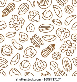 Nut seamless pattern. Flat line icon background with hazelnut, pecan, almond, chestnut, pistachio, walnut, peanut. Vector illustration.