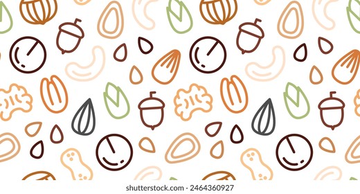 Tuerca patrón sin costura. Iconos de línea plana de fondo con avellana, nuez, almendra, castaña, macadamia, semillas de calabaza, pistacho, nuez, cacahuete. Comida orgánica. fondo de repetición de Vector