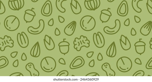 Patrón sin fisuras de tuerca con iconos de línea plana. Fondo verde sin costuras con tuercas. Patrón sin costuras con nueces y semillas: almendra, anacardo, nuez, nuez, pacana, pistacho. Estilo de arte lineal.