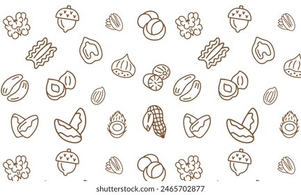 Patrón sin fisuras de tuerca con iconos de línea plana. Vector de fondo de frutos secos y semillas - almendra, anacardo, cacahuete, nuez, pistacho. Textura de la comida para la tienda de comestibles, color blanco marrón	