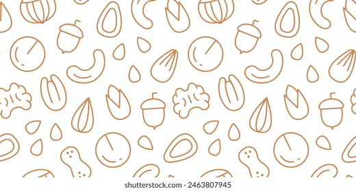 Nut seamless pattern with line icons. Vector background of dry nuts and seeds - almond, macadamia, cashew, hazelnut, peanut, pecan, walnut, pistachio, acorn. Food background.