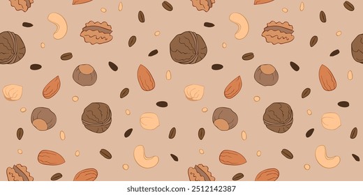Padrão sem costura Nut com ícones de linha. Fundo vetorial de frutos secos e sementes - amêndoa, caju, avelã, noz, . Fundo alimentar.