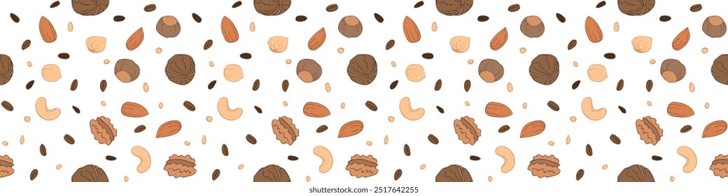 Padrão sem costura Nut com ícones de linha. Fundo vetorial de frutos secos e sementes - amêndoa, caju, avelã, noz, . Fundo alimentar.