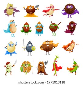 Personajes de caricatura de nueces, semillas y superhéroes. Nueces vectoras, almendras, maní y avellana, pistacho, coco, anacardos, café y pecan, semillas de girasol y calabaza con capas de héroes y máscaras