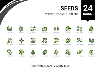 Nut And Seed colorful icon pack. Icons set with soybean, nuts, cocoa, coconut, coffee beans, nuts and seeds and more. Simple icon for mobile and web apps. Icon names are written in English.