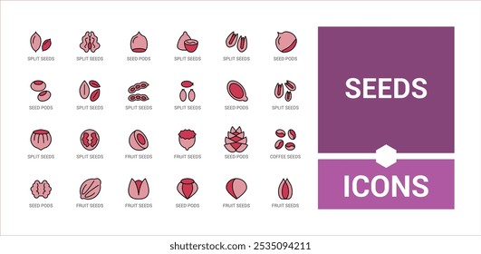 Nut And Seed colorful icon pack. Icons set with soybean, nuts, cocoa, coconut, coffee beans, nuts and seeds and more. Simple icon for mobile and web apps. Icon names are written in English.