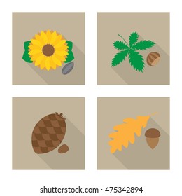Nut and seed flat icon with long shadow for design. Autumn set. Vector illustration.