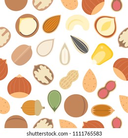 nut and seed such as pistachio, pumpkin seed, corn, pecan, walnut, almond seamless pattern for wallpaper or wrapping paper