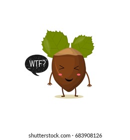 Nut with speech bubble. Black grunge badge. Balloon sticker. WTF? Vector illustration. White background.