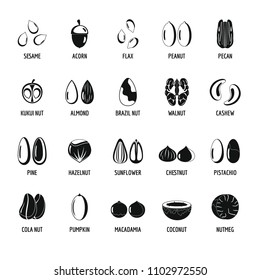 Nut types ith signed names icons set. Simple illustration of 20 nut types ith signed names vector icons for web