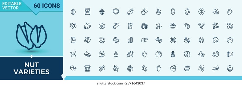 Nut Varieties modern icons set. Featuring brazil, health, pumpkin seeds, corn, nuts, soy and more. Sign and Symbol. Minimalist solid editable vector stroke.