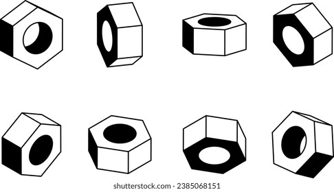 Nut in various angles vector design. Black and white template for icon or logo.