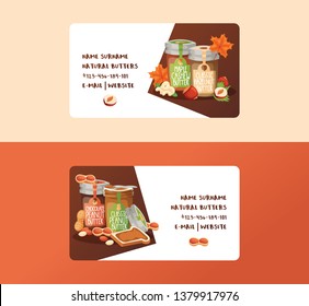 Nut vector business card nutshell of hazelnut with butter chocolate honey set backdrop organic food cashew walnut and almond peanut and chestnuts nutmeg business-card illustration background banner.