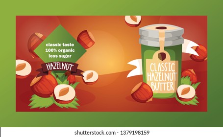 Nut vector nutshell of hazelnut with butter chocolate honey in glass jar set backdrop organic food nutrition with hazel nuts illustration diet background banner.
