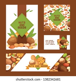 Nut vector nutshell of hazelnut walnut and almond nuts set backdrop organic food nutrition with cashew peanut and chestnuts nutmeg illustration business card background banner.