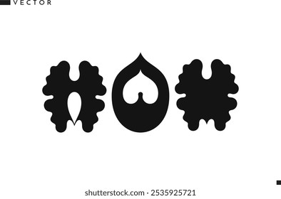 Nut. Walnut silhouette. Organic food icon. Isolated walnut on white background. Vector illustration EPS