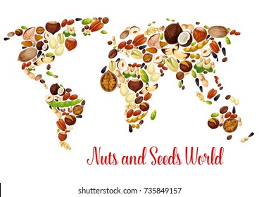 Mapa del mundo de las nueces con semillas y judías. Almendras, cacahuetes, nueces, pistachos, avellanas, anacardos, semilla de girasol y calabaza, pacana, macadamia, coco, nueces de pino y brasil, hoja vectorial de soja y castaño.