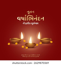 Nutan Varshabhinandan', meaning 'Happy New Year' in Gujarati language, India. Indian festival of lights, even called Diwali. Nutan varshabhinandan and Saal Mubarak Post Template in Gujarati.