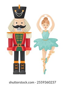 Nutcracke and ballerina illustration in cartoone style. Flat vector illustration isolated on white background.